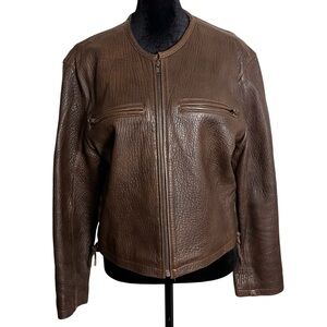 90s vintage carole little leather jacket moto brown front zip pebbled leather 6